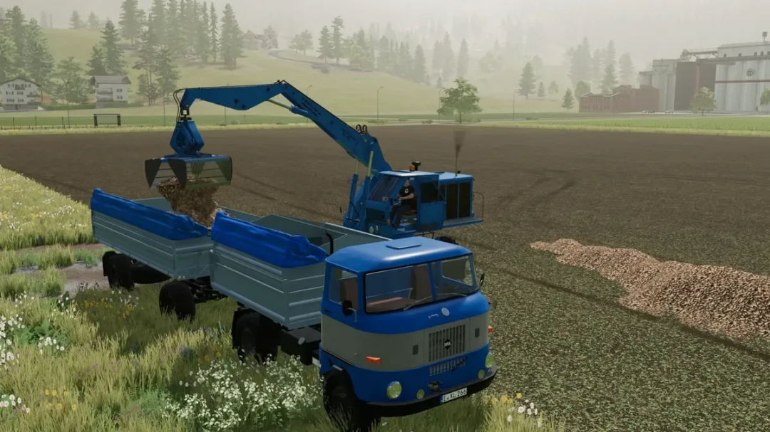 FS22 mods scene showing Fortschritt T-174 excavator loading a truck in a field setting, enhancing Farming Simulator 22 gameplay realism.