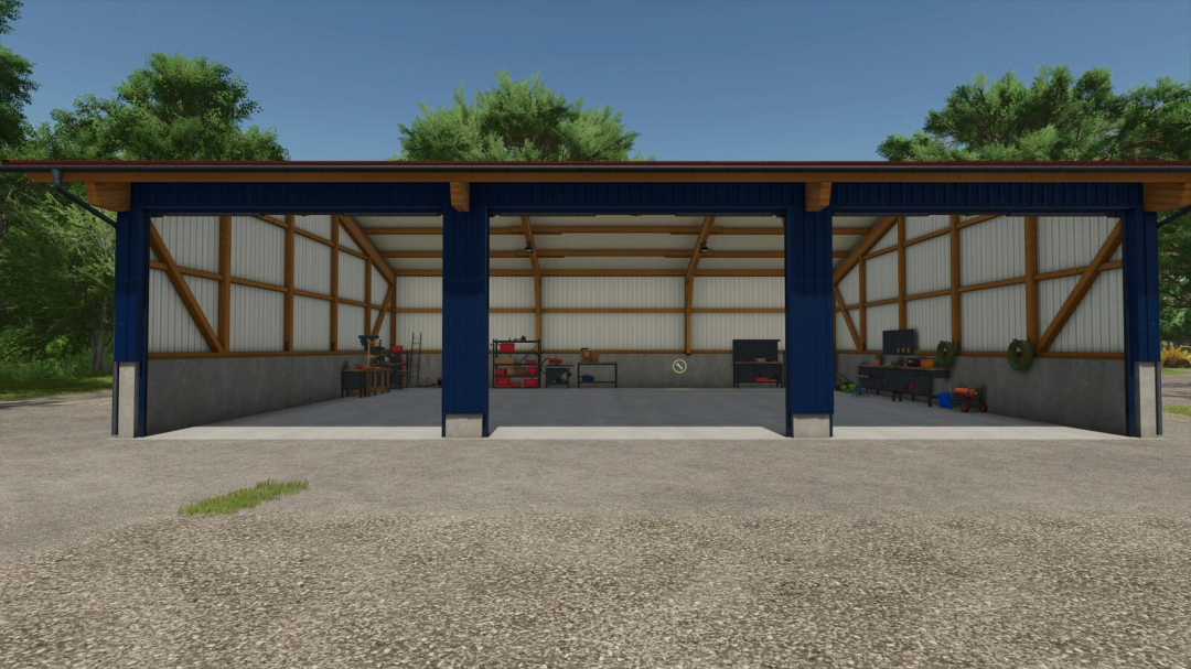 FS25 mod: Garage with Vehicle Workshop v1.0.0.0 showing interior space with tools and equipment.