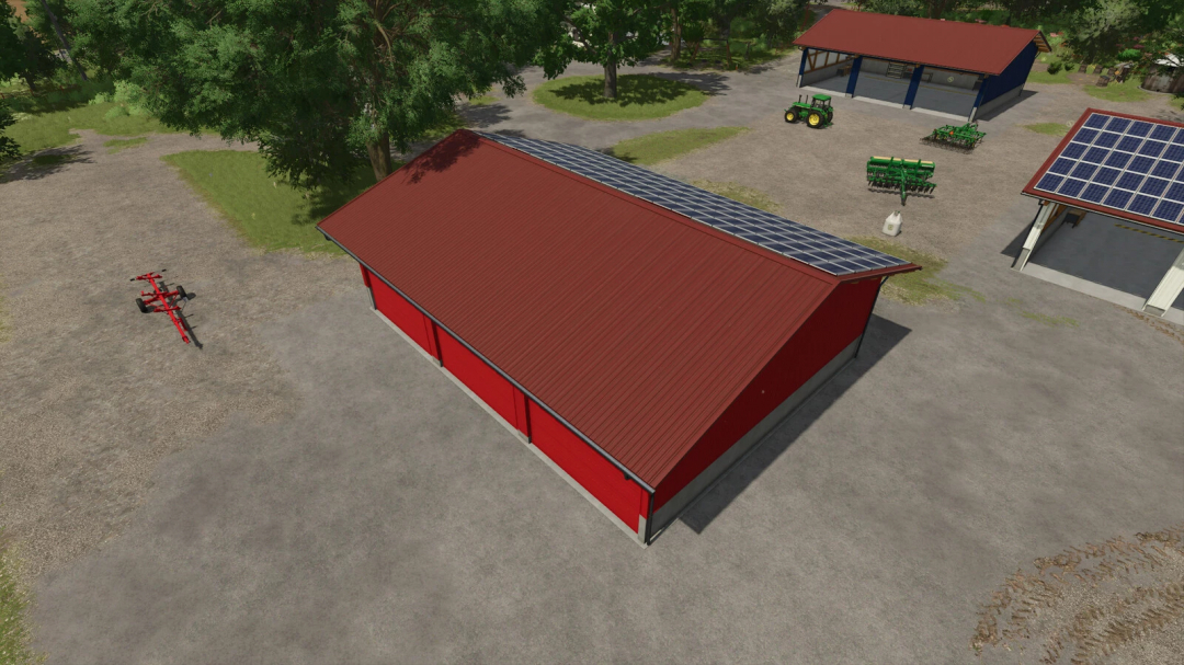 Garage with vehicle workshop mod in FS25 featuring a red building with solar panels.