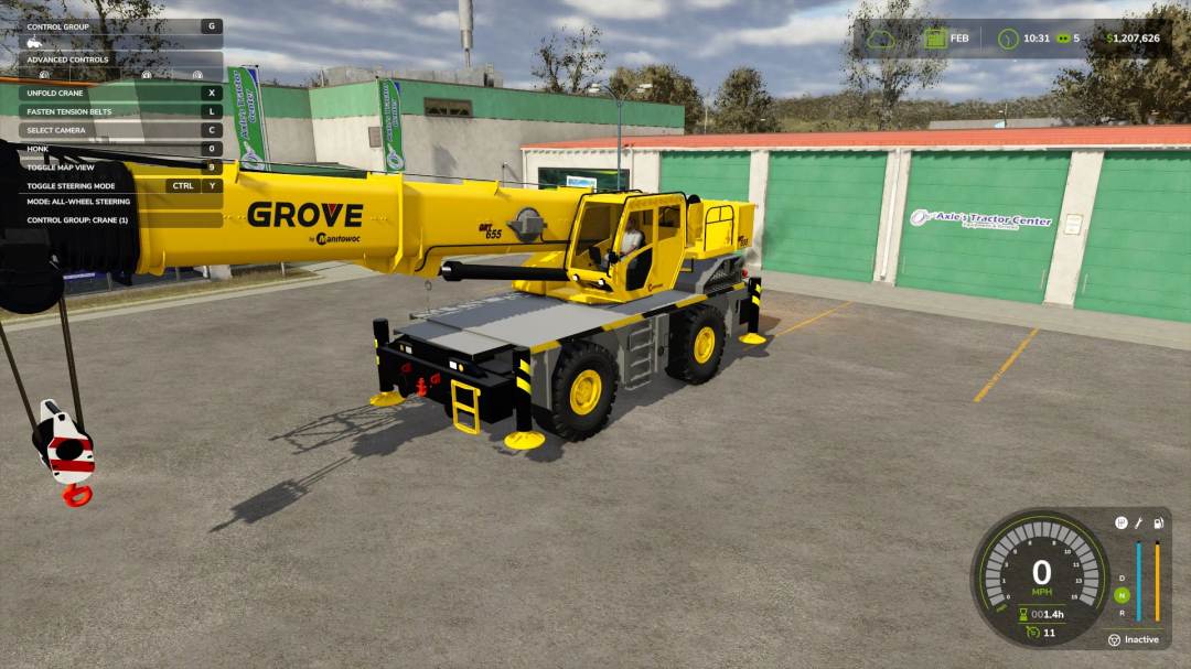 FS25 mod featuring Grove GRT 655 Rough Terrain Crane in a yard with control menu visible.