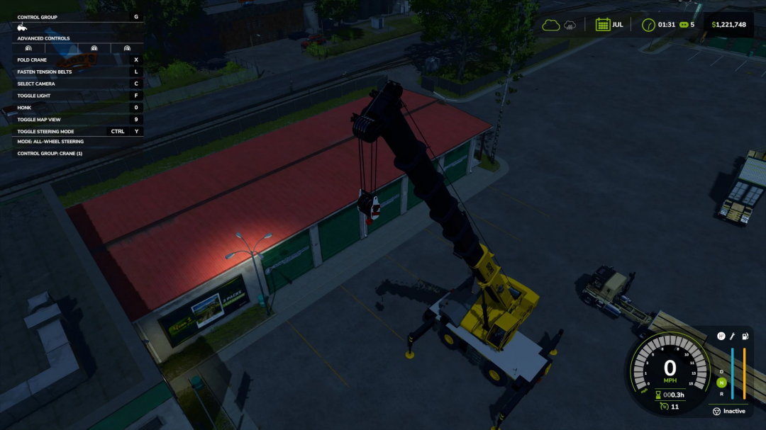 FS25 mod Grove GRT 655 Rough Terrain Crane in operation at night, showing controls and settings. Farming Simulator 25 mods.