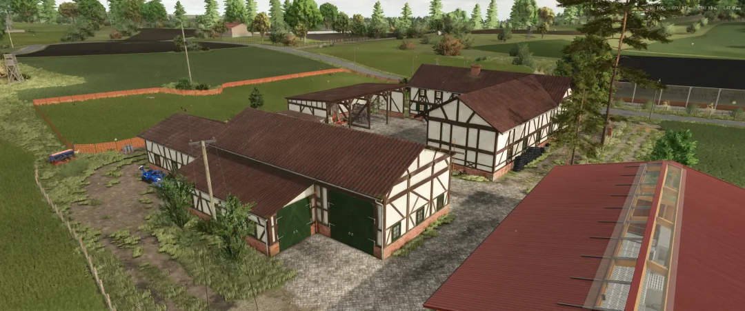 FS25 mod showing half-timbered buildings in Eifel style surrounded by fields and trees.