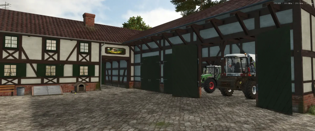 Eifel-style half-timbered building with tractor, FS25 mod.