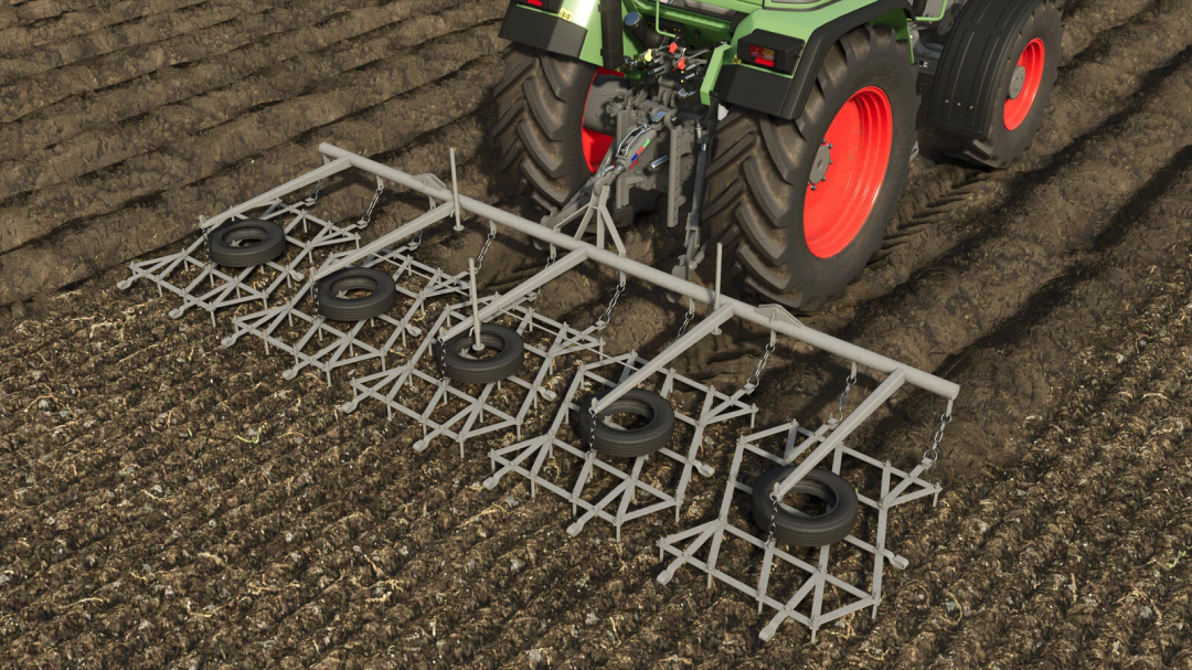 Harrows mod v1.0.0.0 in Farming Simulator 25, showcasing equipment attached to a tractor on a plowed field.