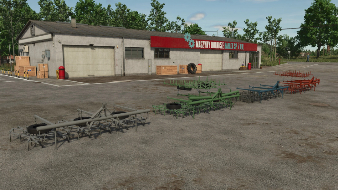 FS25 mods showcase: Various colored harrows in front of a mechanic shop in Farming Simulator 25.