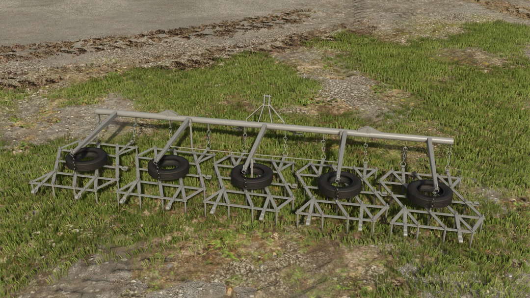 Harrows v1.0.0.0 mod for FS25, showcasing a metal harrow on grassy terrain.