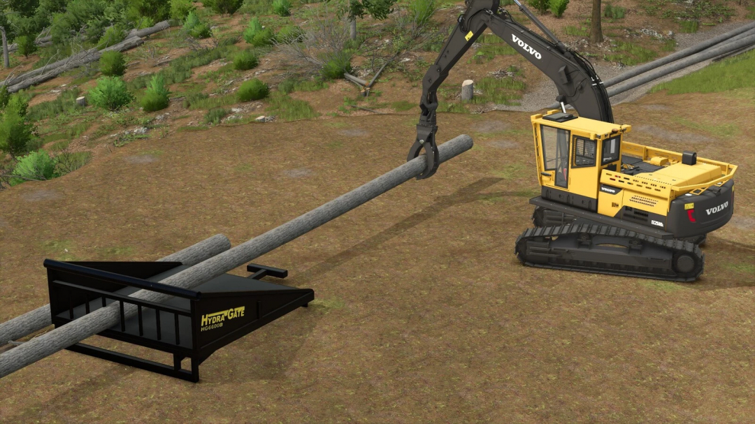 FS25 mod showing Hydra-Gate Delimbing Gate with excavator placing log, enhancing Forestry gameplay in Farming Simulator 25.