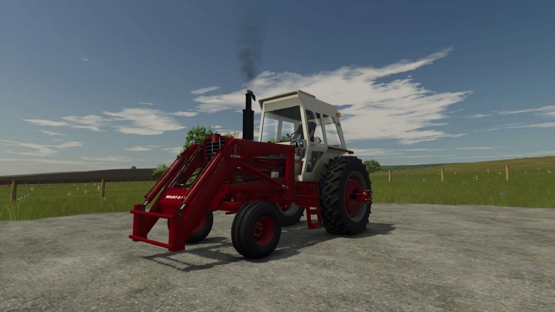 International 856 tractor mod for FS25 parked on a farm field under a blue sky.