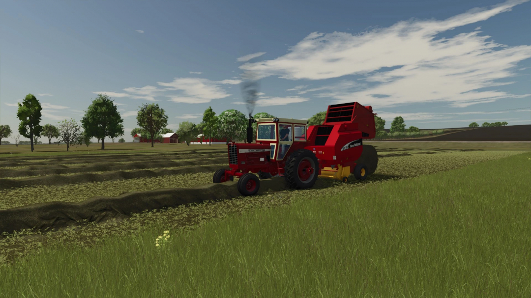 FS25 mod International 856 v1.0.0.0 tractor with New Holland baler working in a field.