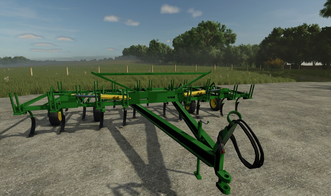 John Deere 1600 Chisel Plow FS25 mod in a farm setting, showcasing the detailed design of this Farming Simulator 25 equipment.