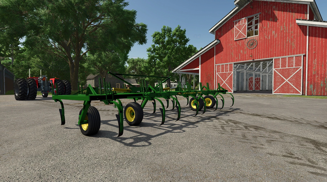 John Deere 1600 Chisel Plow mod for FS25 near a red barn in Farming Simulator 25.