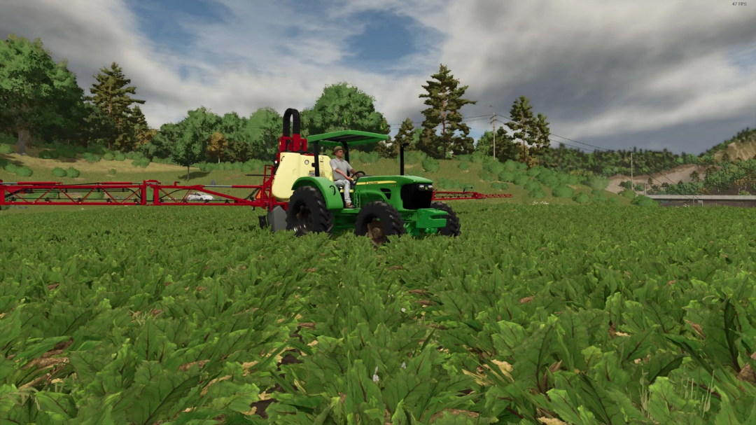 FS25 mod John Deere 50E Series tractor in a field, showcasing Farming Simulator 25 gameplay.