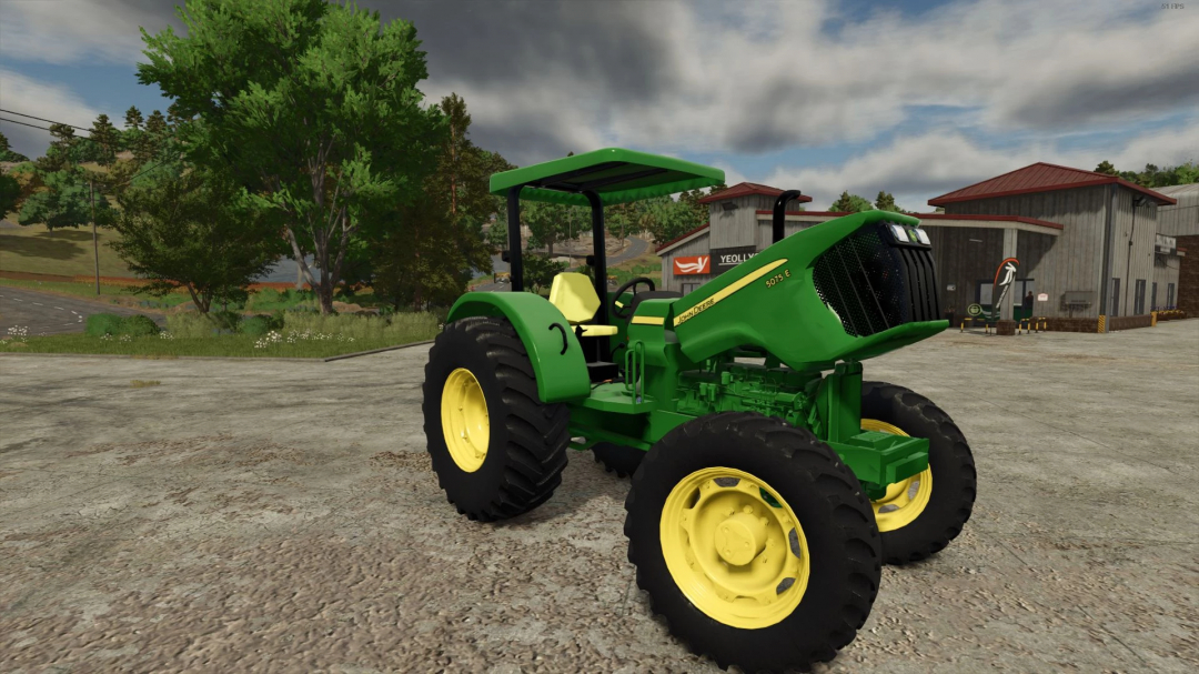 FS25 mod John Deere 50E Series tractor in a farm setting.