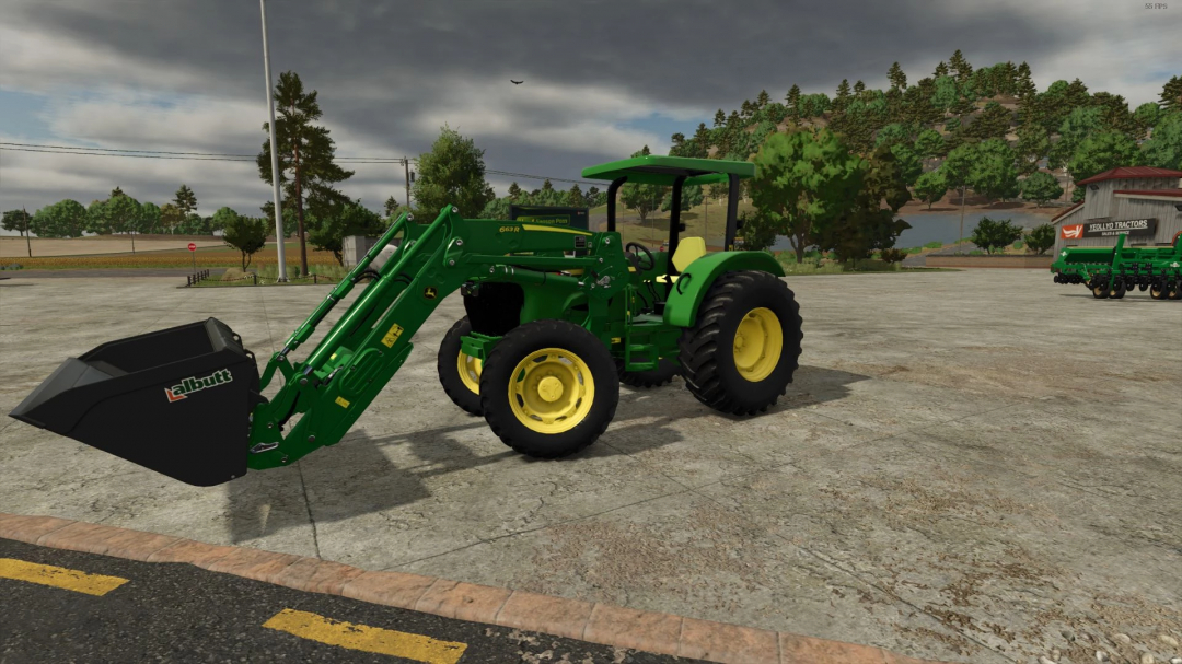 John Deere 50E Series tractor mod for Farming Simulator 25, featuring a front loader attachment, showcased in a farm setting.