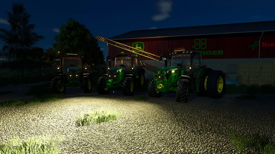 Three John Deere tractors parked at night in FS25 mod, John Deere 6R Small Frame Series 2021. Farming Simulator 25 mods showcase.