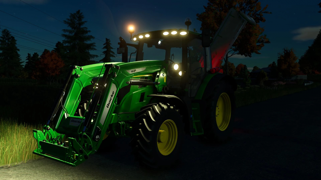 John Deere 6R Small Frame Series 2021 tractor mod in FS25 at night.