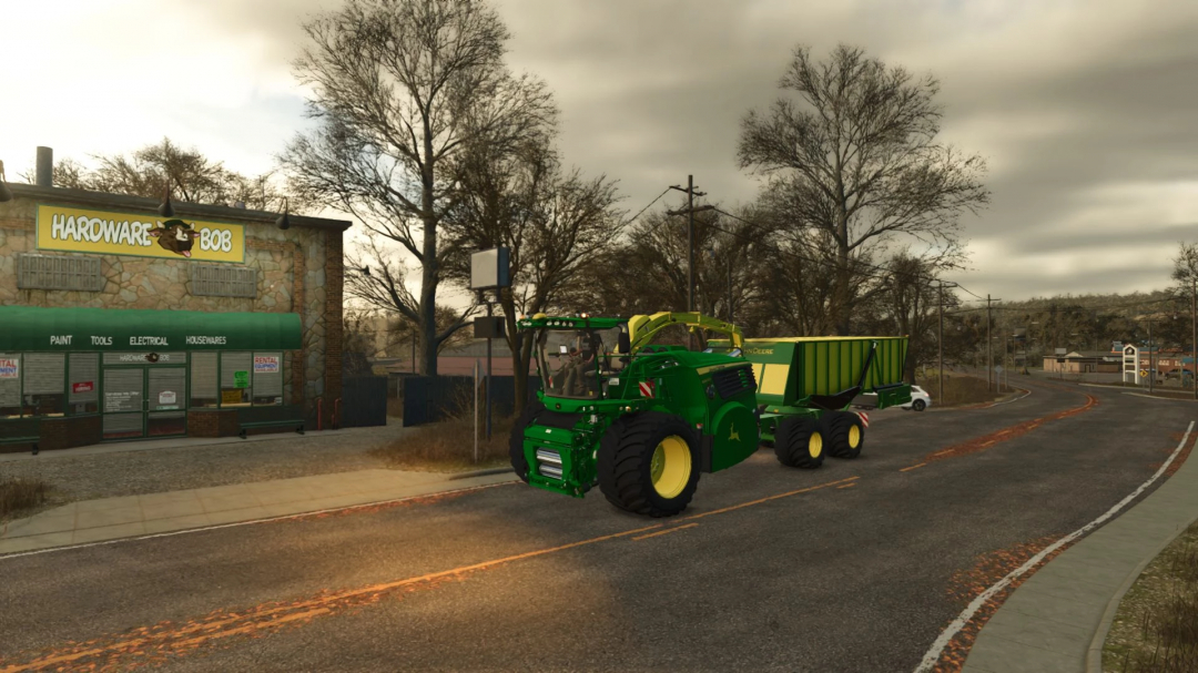 John Deere 8000 Cargo AgroSrbija mod in FS25, showing machinery on a rural road. Keywords: FS25 mods, Farming Simulator 25 mods.