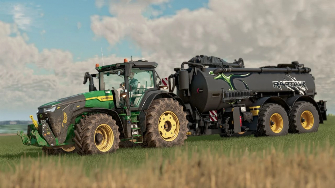 FS22 mods: John Deere 8R 420 tractor pulling a Raptor trailer on a field in Farming Simulator 22.