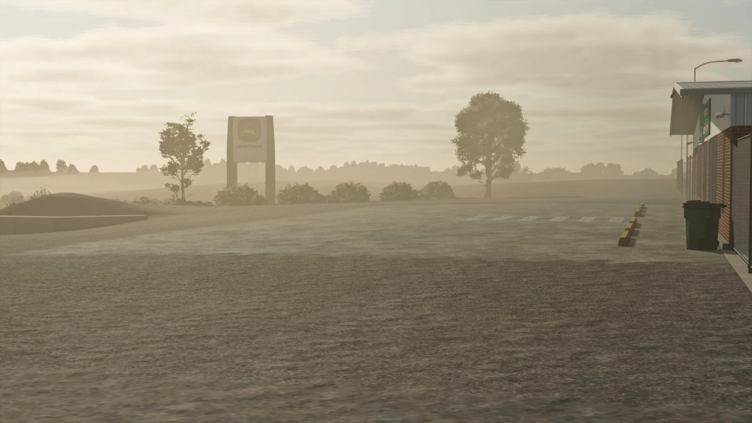 John Deere dealership in Farming Simulator 25 mod at sunrise, featuring parking area and distant trees.