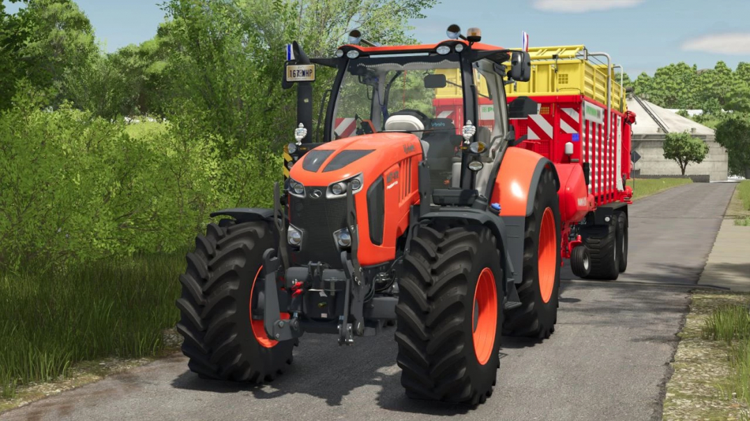 Kubota M7 tractor mod in FS25 pulling a red trailer on a rural road.