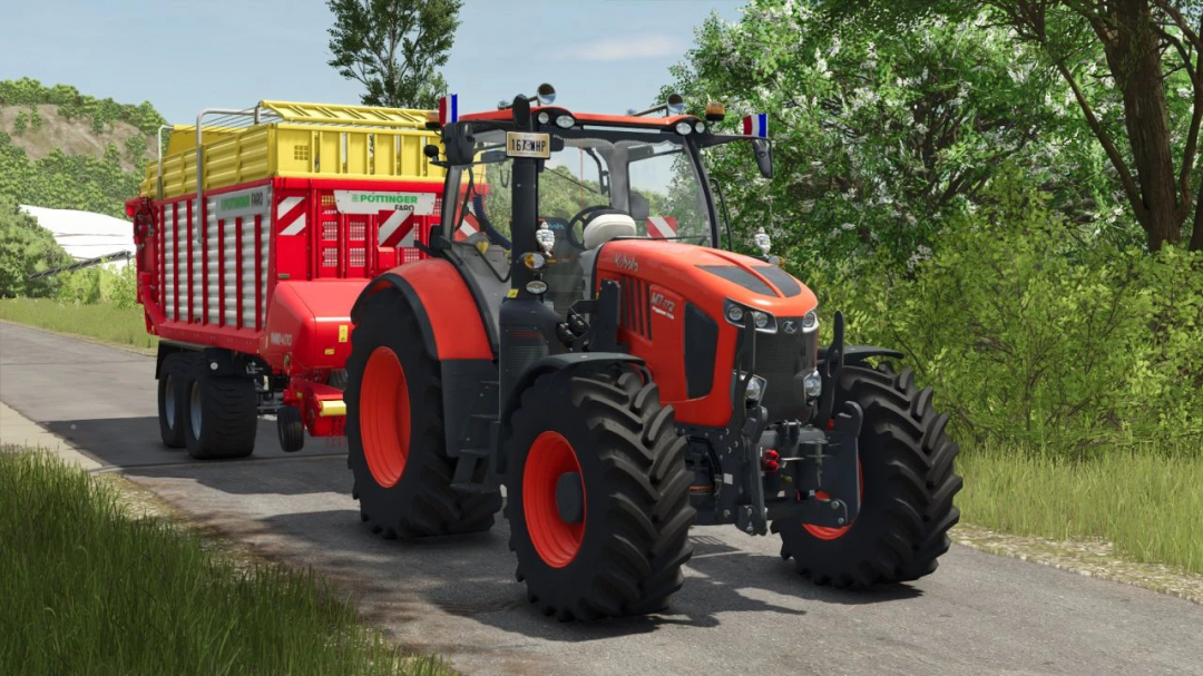 Kubota M7 tractor with trailer in FS25 mod.