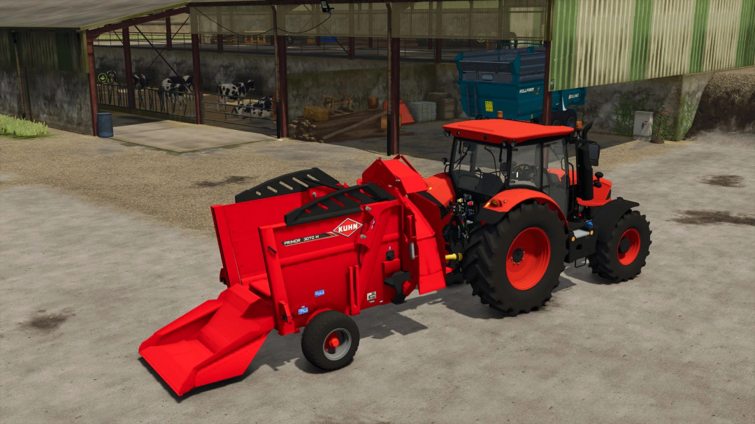 FS25 mod Kuhn Primor 3570 v1.0.0.0 with a tractor in farm setting, showcasing farming simulator equipment.