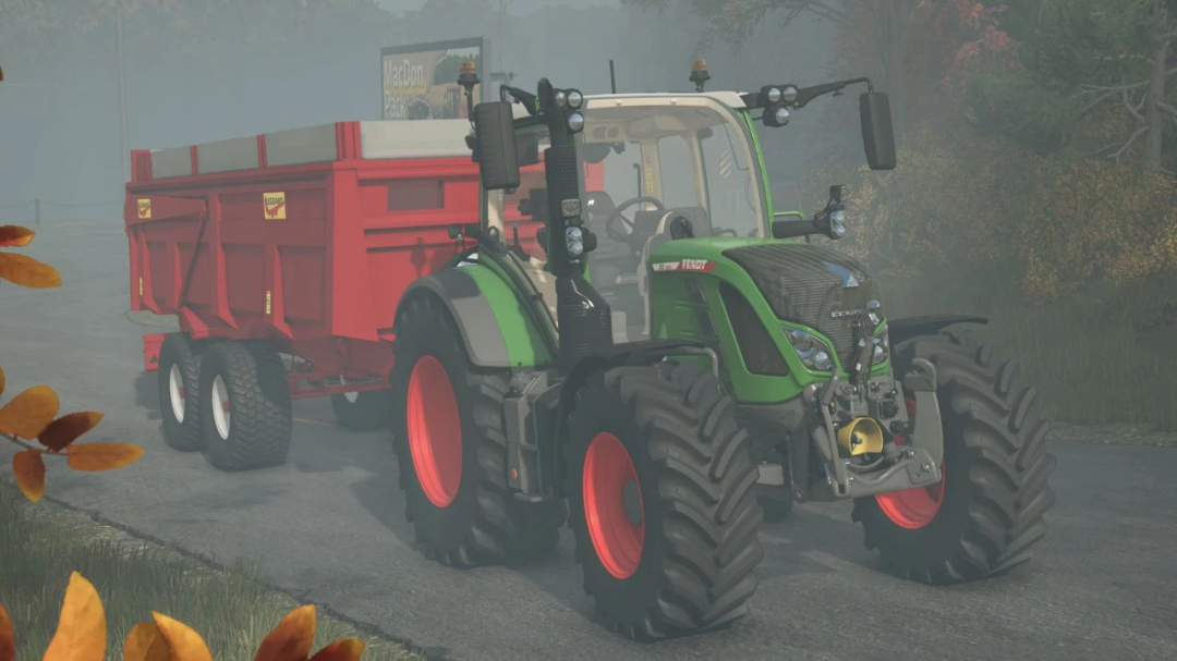 Farming Simulator 25 mod featuring a green tractor pulling a LEGRAND BL 15 trailer on a foggy road.