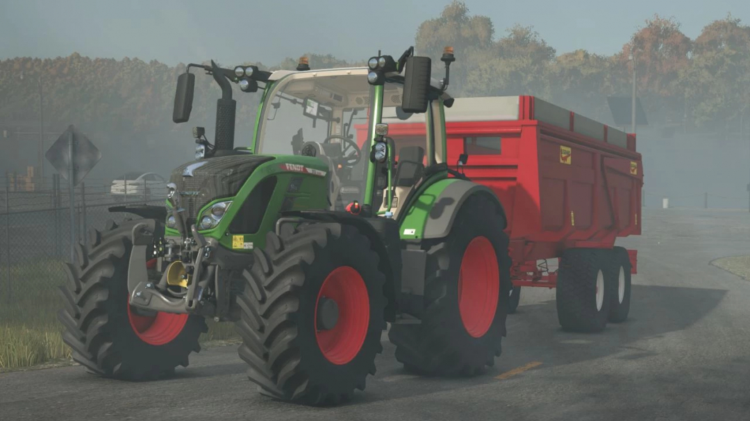 Farming Simulator 25 mod featuring a green tractor with red wheels towing a red LEGRAND BL 15 trailer.