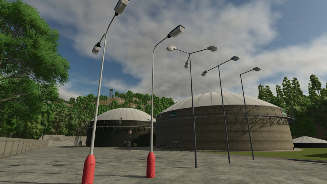 FS25 mod Lamps Elektrosvit CSSR 60-90 Years, displaying vintage street lamps near industrial tanks.