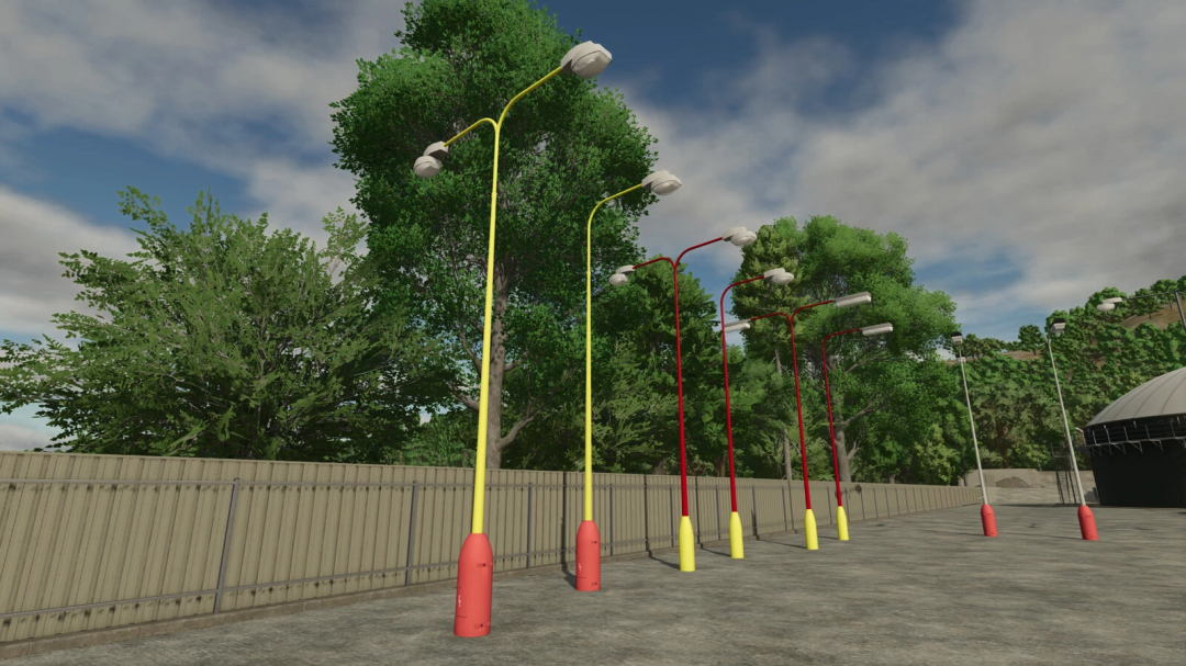 Colorful street lamps mod for FS25 depicting Elektrosvit CSSR 60-90s style, installed along a fence in a rural area.