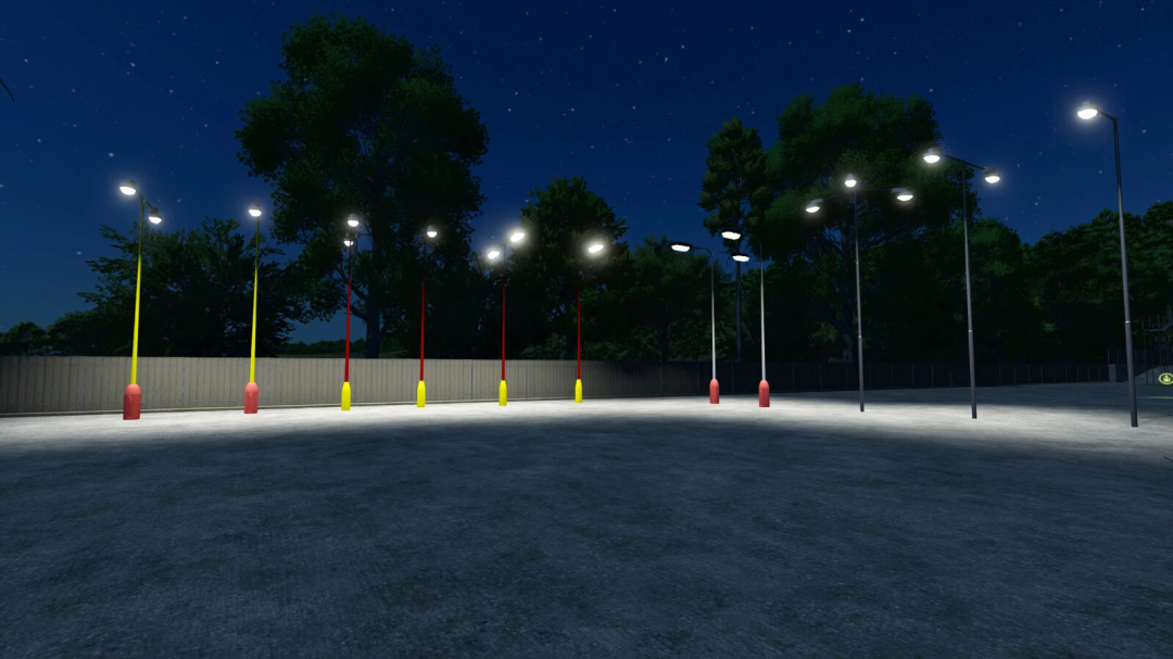 Night view of Lamps Elektrosvit CSSR mod in FS25, featuring colorful streetlights illuminating a concrete area.