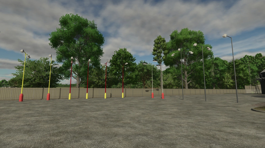 FS25 mod Lamps Elektrosvit CSSR 60-90 years showcasing vintage street lamps in a parking lot with trees and cloudy sky.