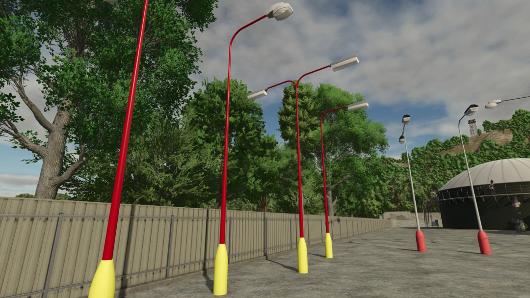 FS25 mods Lamps Elektrosvit CSSR showcase red and yellow street lights in a park setting.