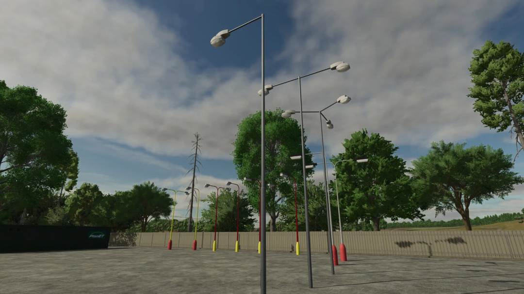 Street lamps from Elektrosvit CSSR 60-90s mod in FS25, set amid trees and open sky.