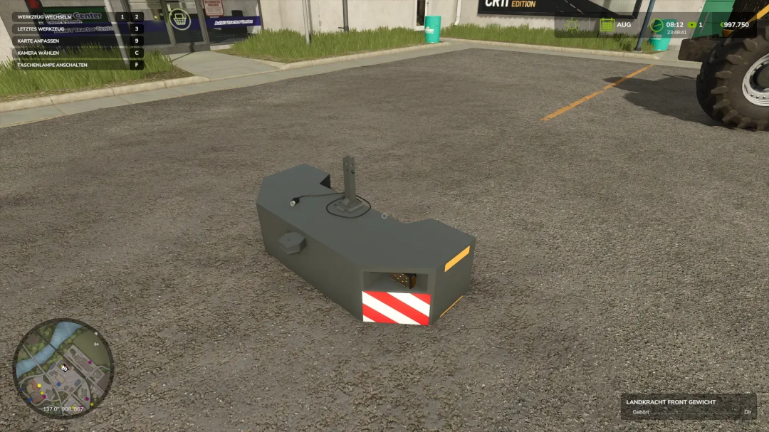 Landkracht Front Weight mod in Farming Simulator 25 on pavement, enhancing tractor stability.