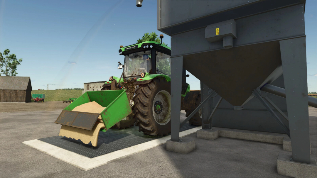 FS25 mod Lizard 3-Point-Hitch Transportbox v1.0.0.0 with green tractor loading sand by silo, Farming Simulator 25.