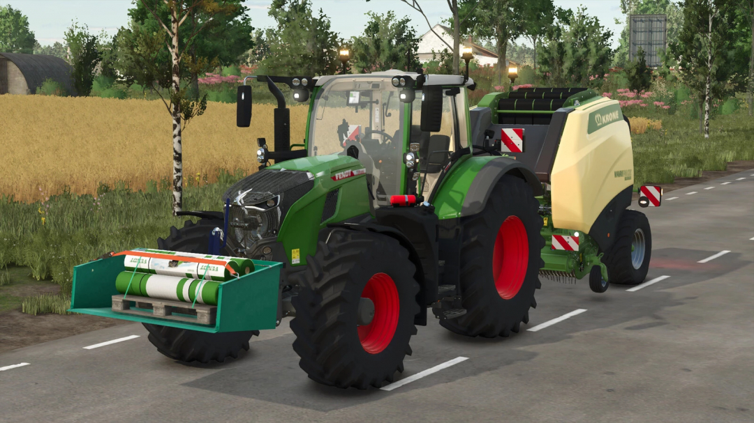 Farming Simulator 25 mod featuring a tractor with Lizard 3-Point-Hitch Transportbox on a rural road.