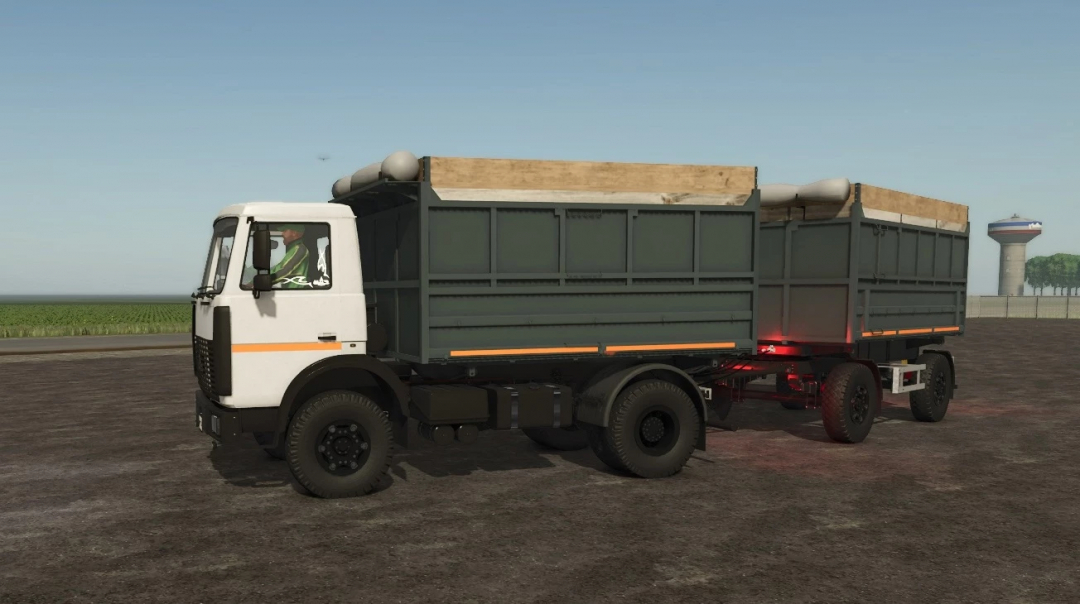 MAZ-5551A2 truck mod in FS25, showcasing a white and green design with a trailer, set against a farm background.