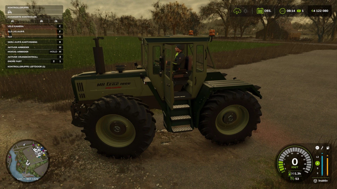 MB Trac 1800 tractor mod in FS25, showing controls and dashboard details.