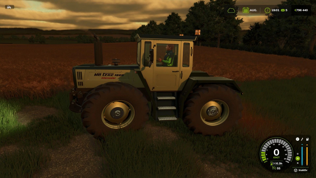 FS25 mod MB Trac 1800 Silbersteel tractor in a field at sunset.