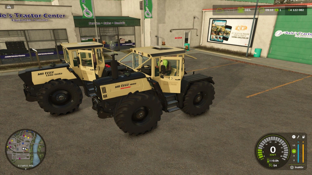 Two MB Trac tractors parked outside a shop in FS25 mod MB Trac Stotz v1.0.0.1.