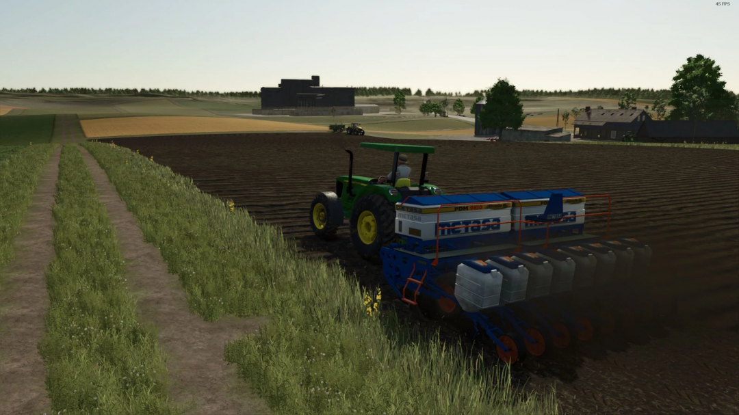 FS25 mods: METASA PDM v1.0.0.0 in Farming Simulator 25, showing a tractor with a planter working in a field.