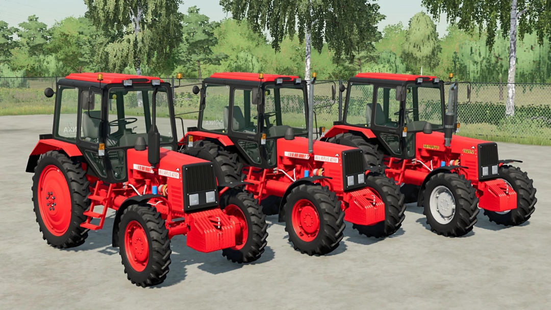 Four red MTZ-1025 tractors from FS22 mods parked on concrete with trees in the background.