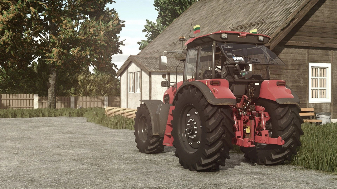 FS25 mod MTZ 2022 v1.1.0.0, red tractor parked in farmyard beside wooden house and tree background.