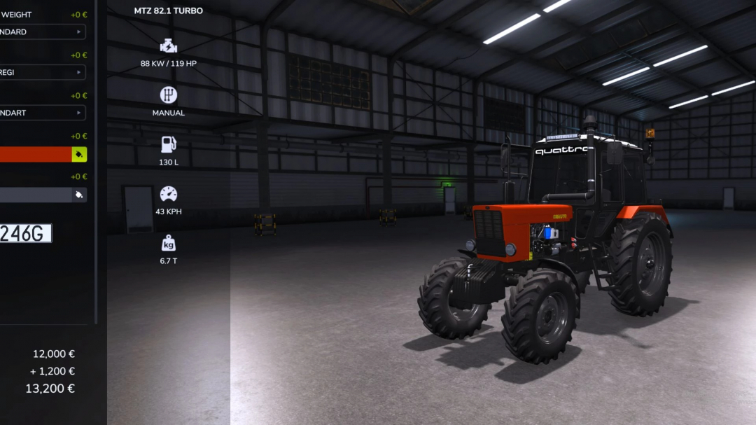 MTZ 82.1 Turbo v1.0.0.0 mod in a garage in FS25, showcasing specifications and pricing.