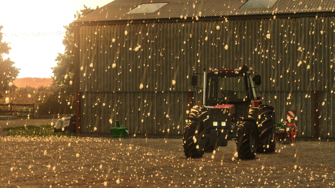 MTZ 892.2 tractor mod in FS25 near a barn during sunset with dust particles in the air.