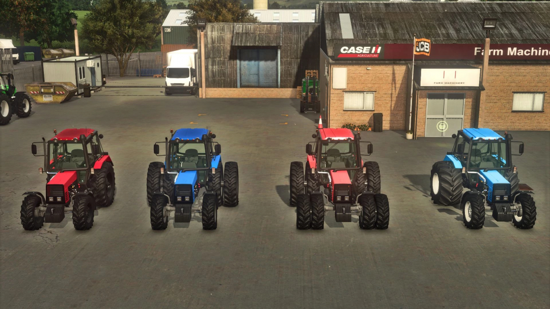 Image of MTZ 892.2 tractors in red and blue, part of FS25 mods, parked outside a farm machinery store in Farming Simulator 25.