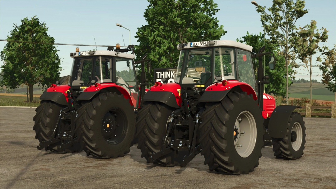 Massey Ferguson 6480 tractors mod in FS25, showcasing two red and black tractors on a paved area with trees in the background.