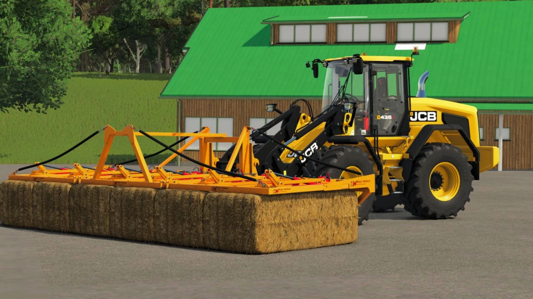 Meijer Holland Rambo 6KD mod in FS25, showcasing a tractor with a bale fork attachment, parked near a green-roofed barn.