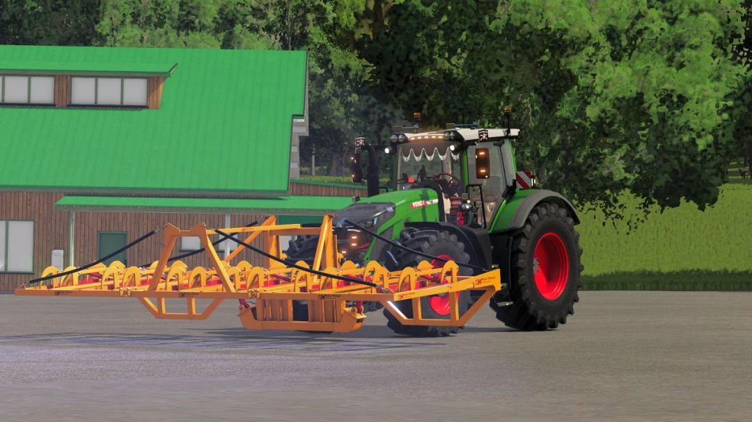 FS25 mod Meijer Holland Rambo 6KD attached to a green tractor, set in front of a farm building.